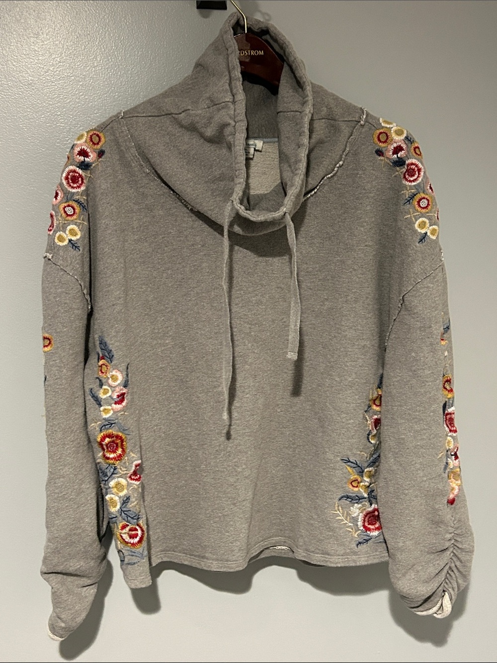 Sundance Gray Funnel Neck Sweatshirt with Multicolor Floral Embroidery
